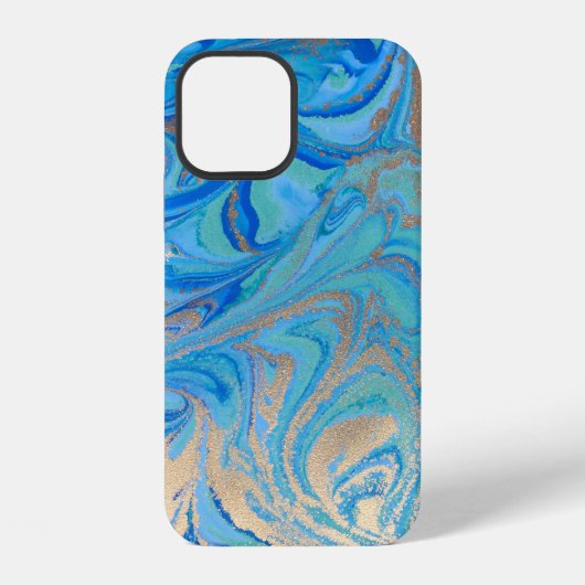 Coque iPhone 12 Texture de liquide bleu et doré (Verso)