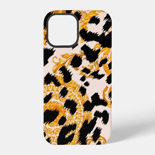 Coque iPhone 12 Texture léopard avec motif baroque doré (Verso)