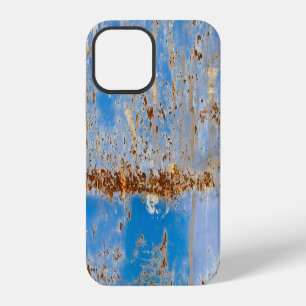 Coque iPhone 12 Texture métallique rouillée, décoration rayée bleu