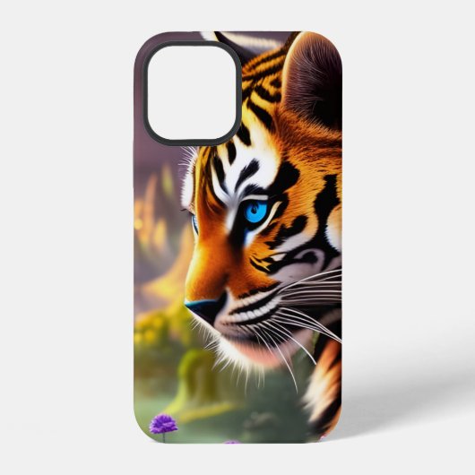 Coque iPhone 12 Tiger Cub, Fleurs Violettes (Verso)