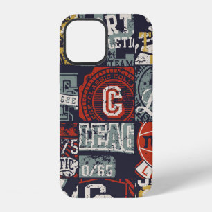 Coque iPhone 12 Tissus patchwork d'écussons sportifs de collège am