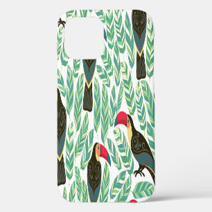 Coque iPhone 12 Toucans, feuilles tropicaux, motif décoratif.