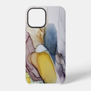 Coque iPhone 12 Tourbillons d'encre d'alcool, teinte jaune, abstra