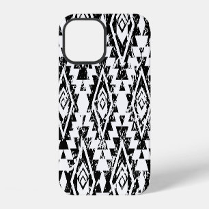 Coque iPhone 12 Tribal Navajo : noir blanc géométrique.
