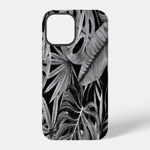 Coque iPhone 12 Tropical monochrome, texture de feuilles à l'aquar