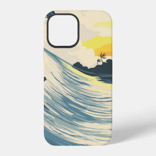Coque iPhone 12 Vague d'île tropicale et surfeur au coucher du sol