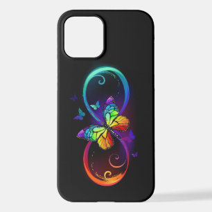 Coque iPhone 12 Vibrant infinity with rainbow butterfly on black