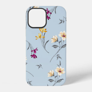 Coque iPhone 12 violet et crème petites fleurs feuilles bouquets m