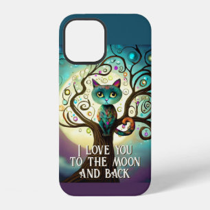 Coque iPhone 12 Whimsical Chat Pleine lune Artwork I Love You
