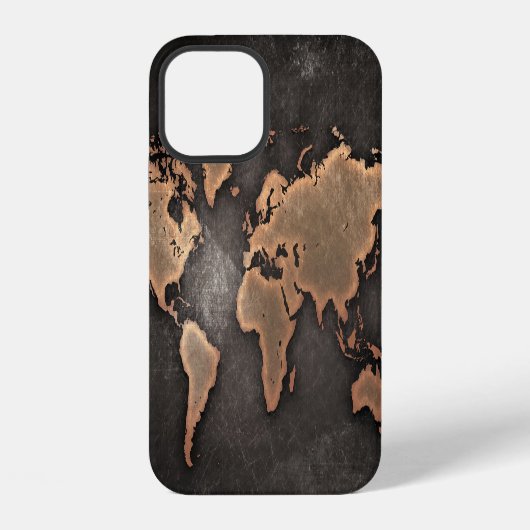 Coque iPhone 12 World map leather geographical brown (Verso)