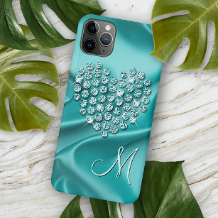 Coque iPhone 15 Mini Aqua Turquoise Diamonds Love Motif de coeur