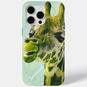 Coque iPhone 15 Pro Max Cute Vintage Giraffe Lime Vert sur Aquarelle Aqua