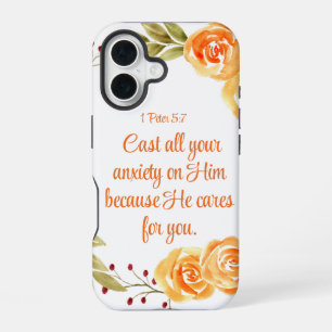 Coque iPhone 16 1 Pierre 5:7 Orange Floral Écriture Biblique