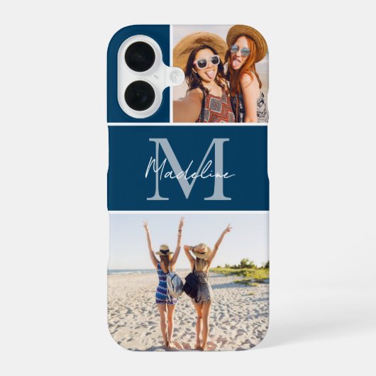 Coque iPhone 16 2 Collage Photo Monogrammé Bleu (Verso)