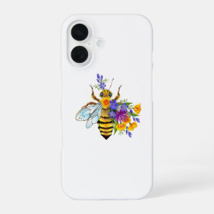 Coque iPhone 16 Abeille à fleurs avec plantes sauvages