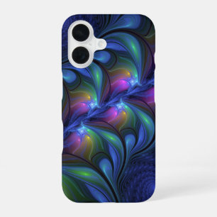Coque iPhone 16 Abstrait Bleu Rose Vert Lumineux Coloré Fractal
