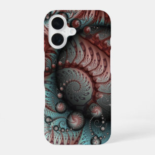 Coque iPhone 16 Abstrait Fantaisie Vive Art Fractal Brun Bleu