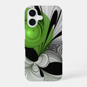 Coque iPhone 16 Abstrait noir et blanc avec art fractal vert