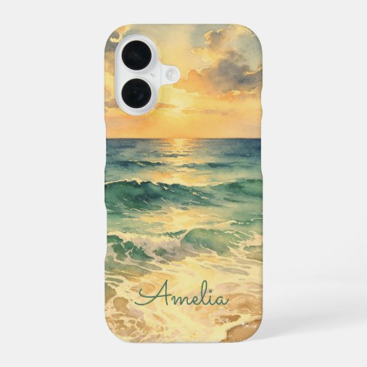 Coque iPhone 16 Aesthetic Beach Sunset Watercolor Custom Name (Verso)