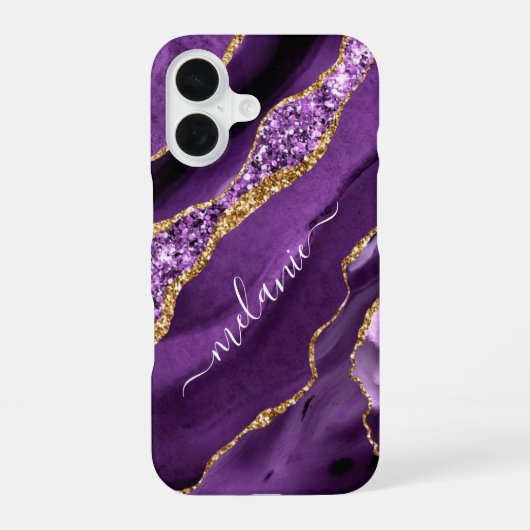 Coque iPhone 16 Agate Purple Gold Parties scintillant Nom personna (Verso)