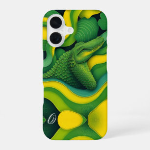 Coque iPhone 16 Alligator Crocodile Dragon Monogramme Vert Jaune