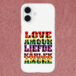 Coque iPhone 16 Amour dans différentes langues Arc-en-ciel foncé