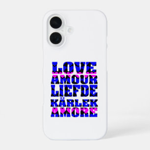 Coque iPhone 16 Amour en différentes langues Coeur rose et bleu