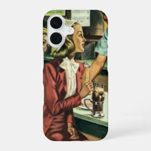 Coque iPhone 16 Amour et romance vintage, Dame au magasin de soda