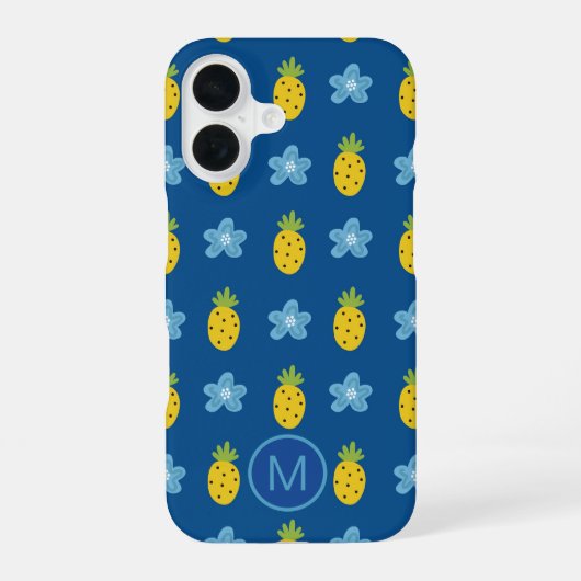 Coque iPhone 16 Ananas et fleurs bleues Monogramme (Verso)