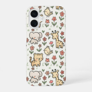 Coque iPhone 16 Animaux de safari pour bébé avec fleurs gribouillé