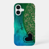 Coque iPhone 16 Aqua Bleu Vert Moderne Coeur Floral (Verso)