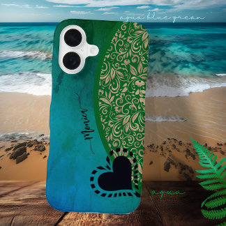 Coque iPhone 16 Aqua Bleu Vert Moderne Coeur Floral