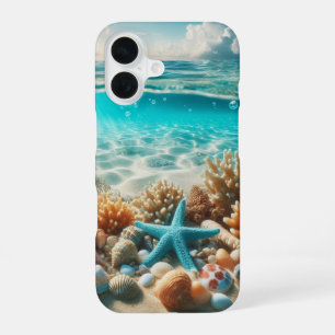 Coque iPhone 16 Aqua Blue Starfish Coquillages Ocean Beach
