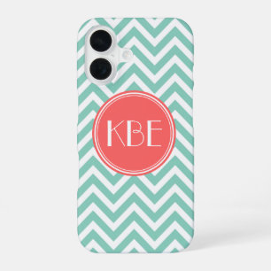 Coque iPhone 16 Aqua et Corail Monogramme Chevron Moderne