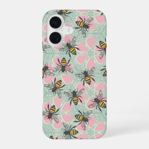 Coque iPhone 16 aqua rose fleuri de ruche miel