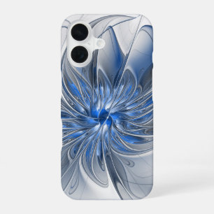 Coque iPhone 16 Aquarelle gris bleu Abstrait Fractal Art Flower