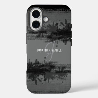 Coque iPhone 16 Aquarelle noire abstraite peinture gris monogramme