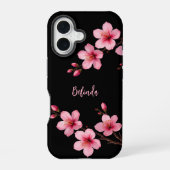Coque iPhone 16 Aquarelle rose cerisier noir Monogramme en fleurs (Verso)