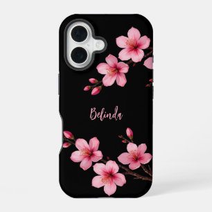 Coque iPhone 16 Aquarelle rose cerisier noir Monogramme en fleurs