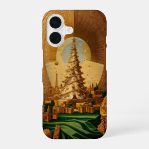 Coque iPhone 16 Arbre de Noël d'or avec la Tour Eiffel