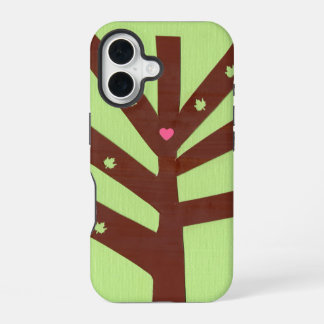 Coque iPhone 16 Arbre minimaliste avec cœur rose et feuilles