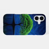 Coque iPhone 16 Arbre vert vif sur Midnight Blue Lake Phone (Verso Horizontal)