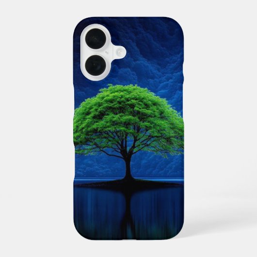 Coque iPhone 16 Arbre vert vif sur Midnight Blue Lake Phone (Verso)
