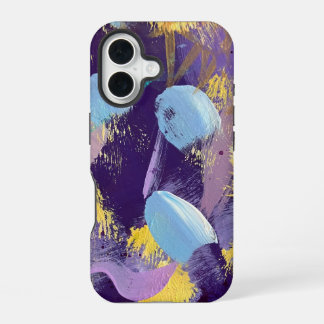 Coque iPhone 16 Art abstrait bleu, violet et jaune
