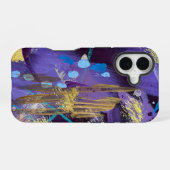 Coque iPhone 16 Art abstrait bleu, violet et or excitant (Verso Horizontal)