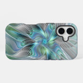Coque iPhone 16 Art abstrait papillon bleu vert fantasy fractal (Verso Horizontal)