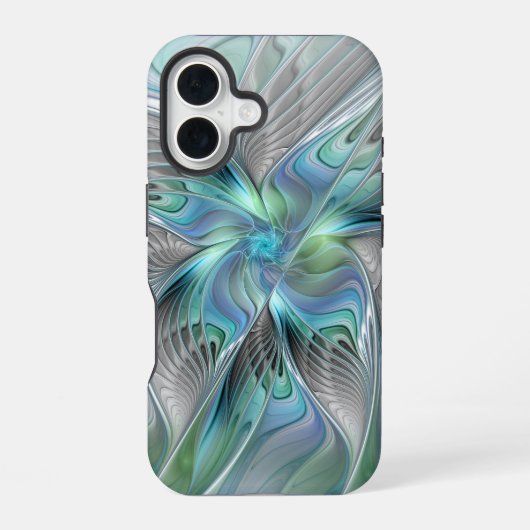 Coque iPhone 16 Art abstrait papillon bleu vert fantasy fractal (Verso)