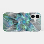 Coque iPhone 16 Art abstrait papillon bleu vert fantasy fractal (Verso Horizontal)