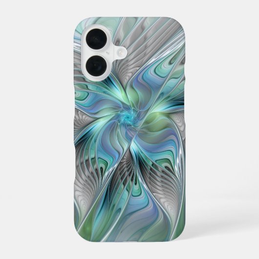 Coque iPhone 16 Art abstrait papillon bleu vert fantasy fractal (Verso)