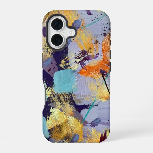 Coque iPhone 16 Art abstrait violet, or et bleu de luxe (Verso)